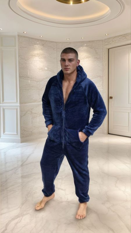 Комбинезон унисекс прямого кроя с капюшоном синего цвета