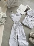 Костюм тройка: кофта + топ/корсет + джоггеры серого цвета