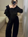 Костюм тройка: кофта + топ/корсет + штаны на затяжках черного цвета