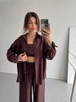 Брючный костюм тройка из натурального льна черного цвета