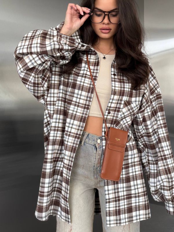 Супер Oversize рубашка клетка Шоколад