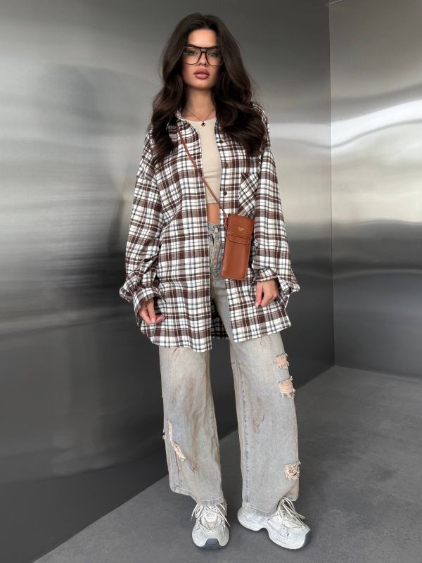 Супер Oversize рубашка клетка Шоколад