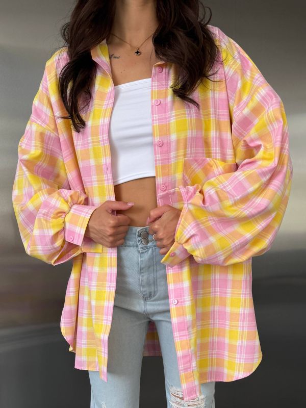 Супер Oversize рубашка клетка Розово-желтый