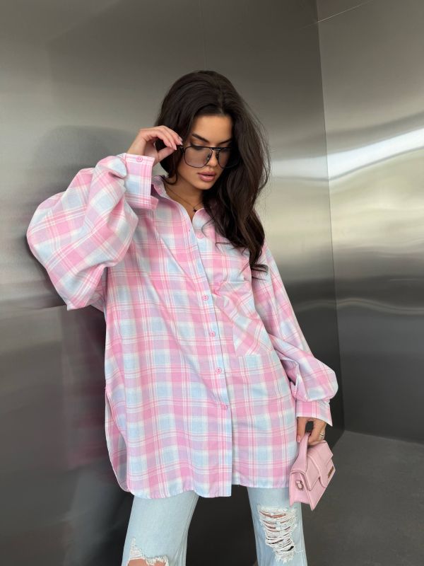 Супер Oversize рубашка клетка Розово-Голубой
