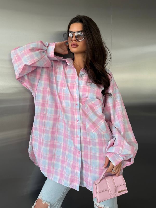 Супер Oversize рубашка клетка Розово-Голубой