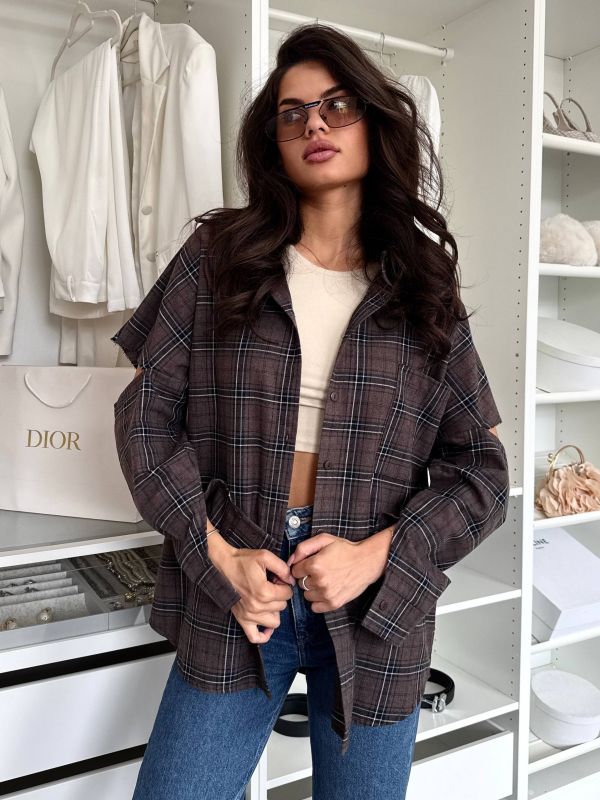 Рубашка клетка с рваными рукавами (oversize) шоколадного цвета