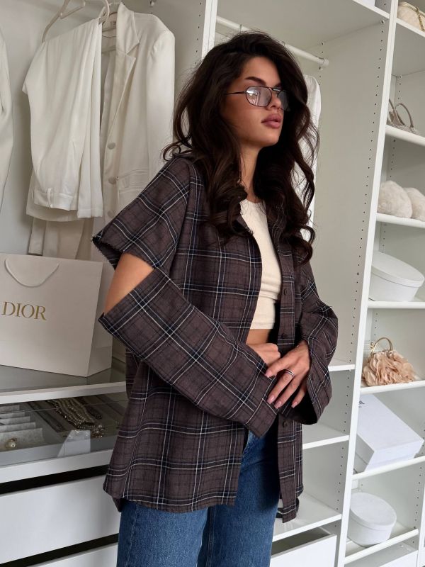 Рубашка клетка с рваными рукавами (oversize) шоколадного цвета
