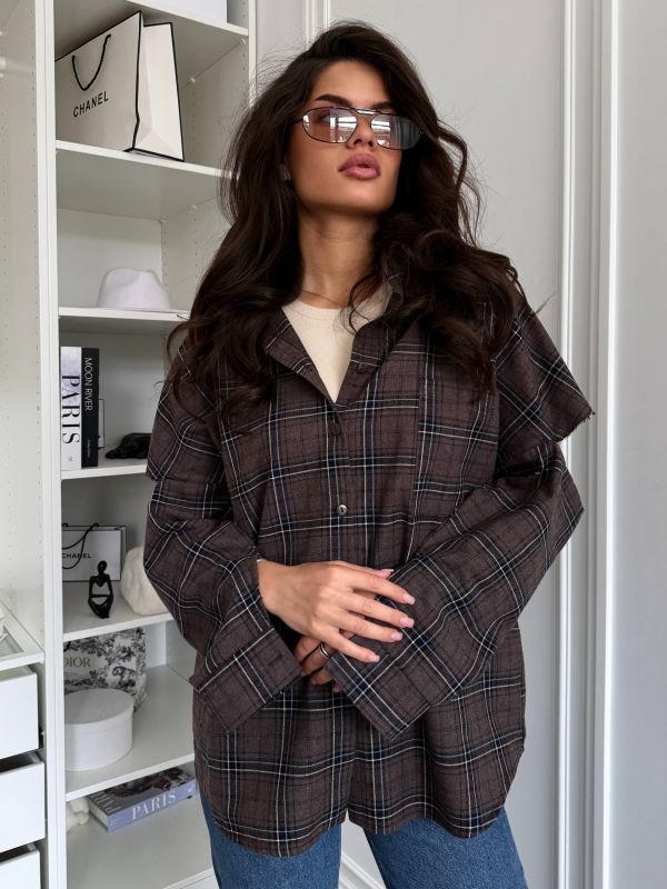 Рубашка клетка с рваными рукавами (oversize) шоколадного цвета