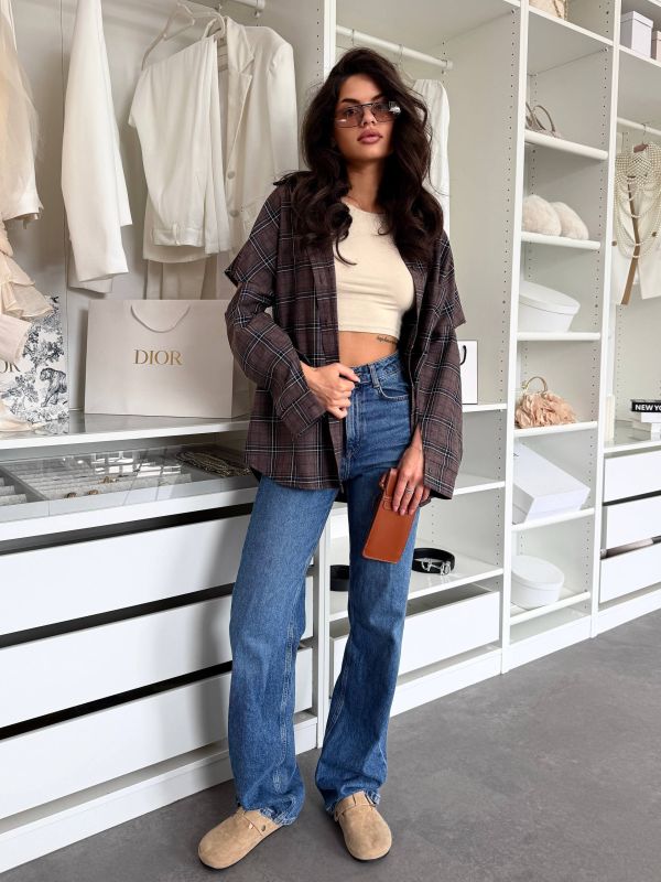 Рубашка клетка с рваными рукавами (oversize) шоколадного цвета