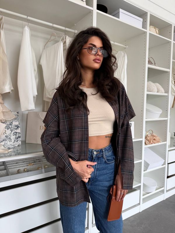 Рубашка клетка с рваными рукавами (oversize) шоколадного цвета
